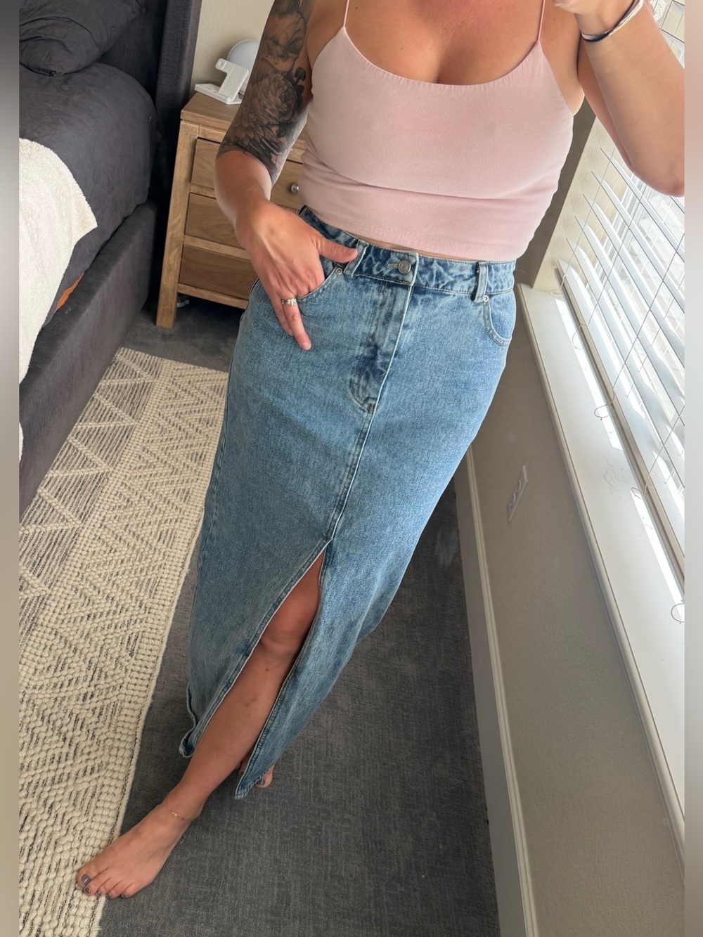 GREY LAB High-Waisted Denim Maxi Skirt with Front Slit - Light Wash